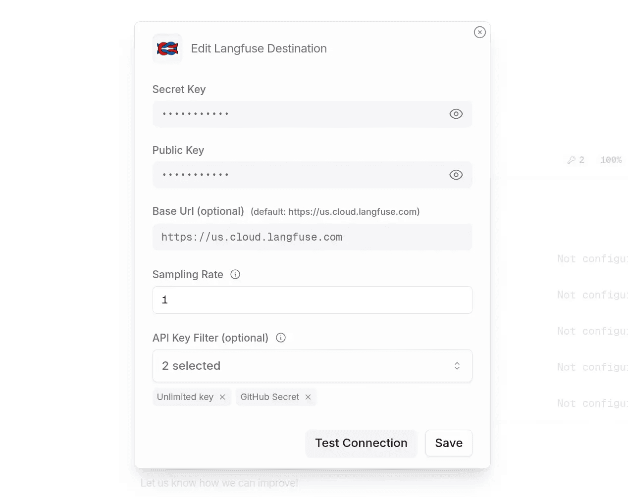 OpenRouter settings showing the Langfuse Broadcast configuration